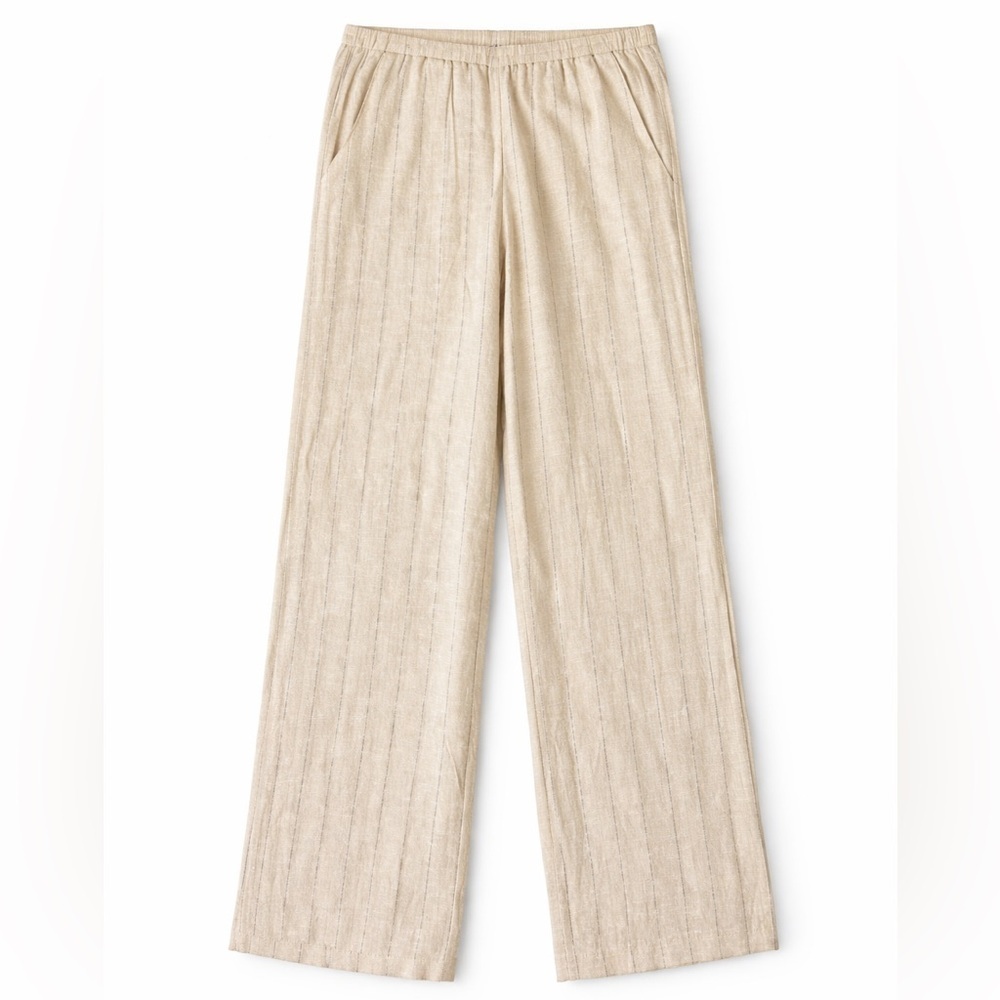 DREW Linen Blend Wide Leg Pants Natural Stripe Pull On Elastic Waist Summer
